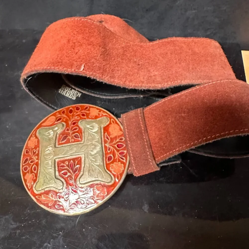 H Hippie Cloisonne Bohemian Wide Belt Art Nouveau Suede Vintage Size Small